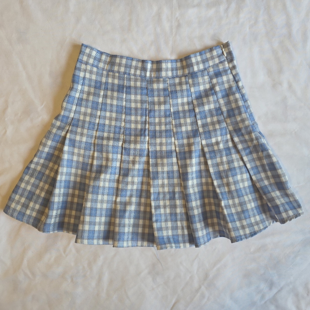 Better Be Blue and White Plaid Pleated Mini Skirt
